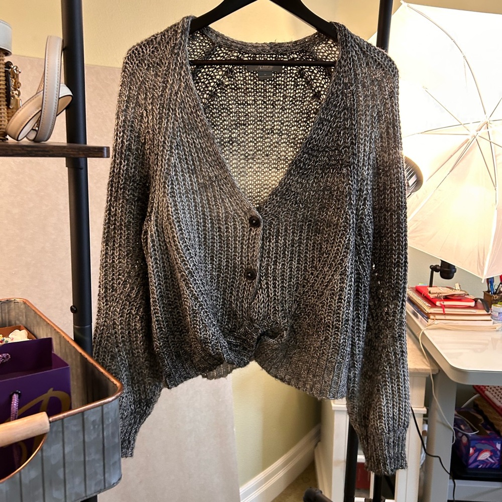 Natural Reflections Open-Knit V-Neck Button Cardigan - Gray